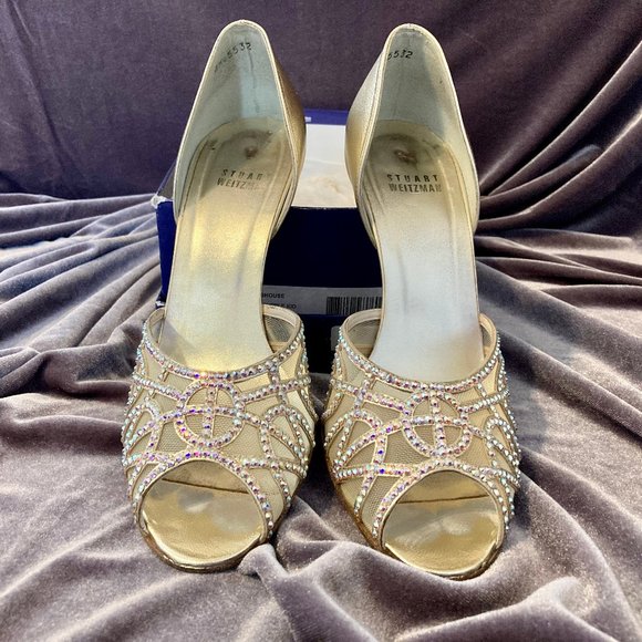 Stuart Weitzman Gold Studded Open Toe Heels - Picture 1 of 2